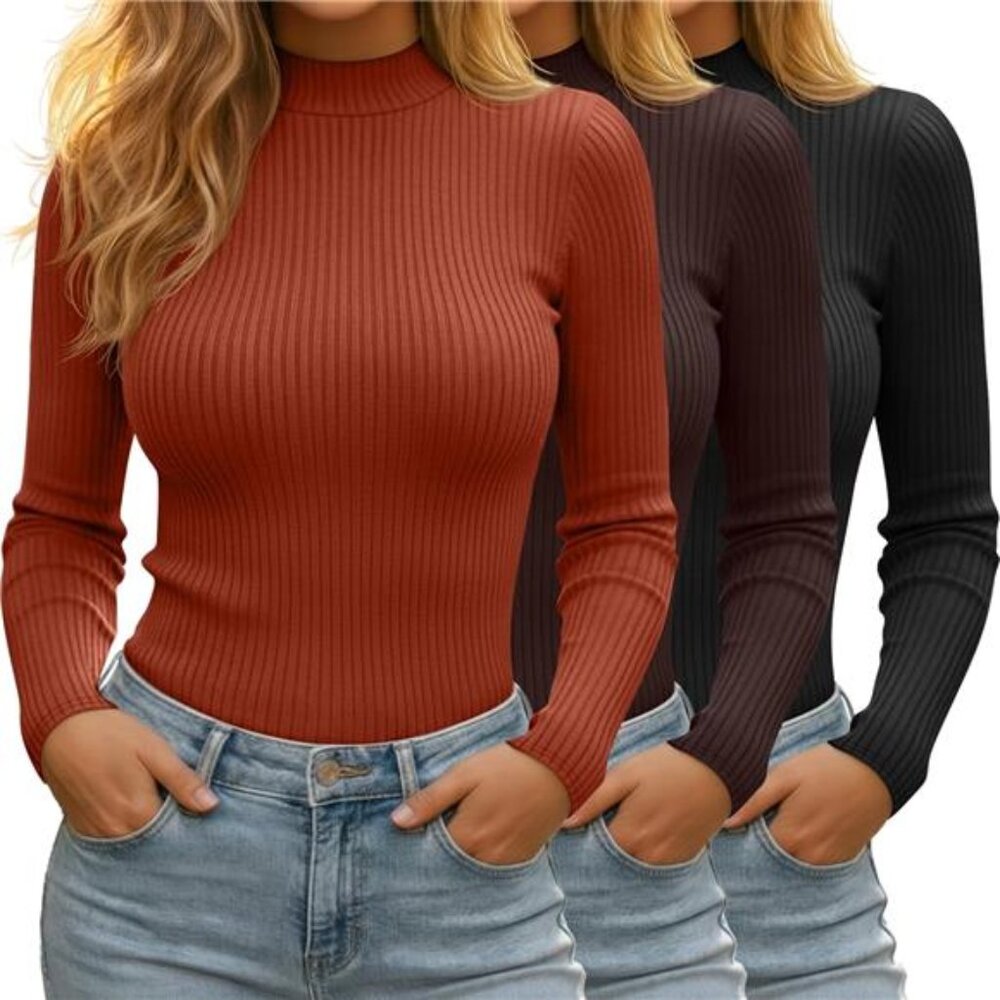 3 Pack Women's Mock Turtleneck Tops Ribbed Long Sleeve Shirts Mock Neck Slim